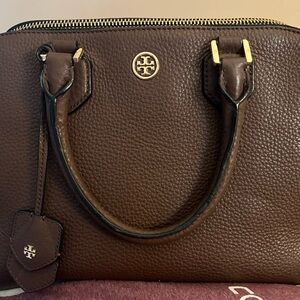 Tory Burch Dark Brown Pebbled Leather Satchel with Gold Hardware